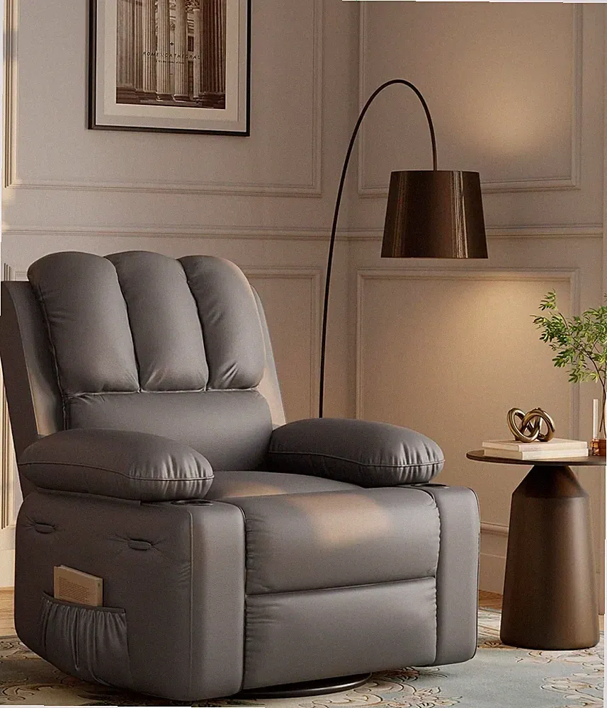 22'' Manual Recliner Chair for Adults, PU Recliner w/Cup Holders+Side Pockets