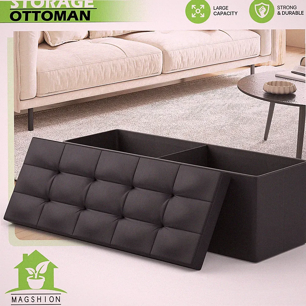 43" Black Storage Ottoman Rectangular?Upholstered PU Leather Seat Lift Top Stool