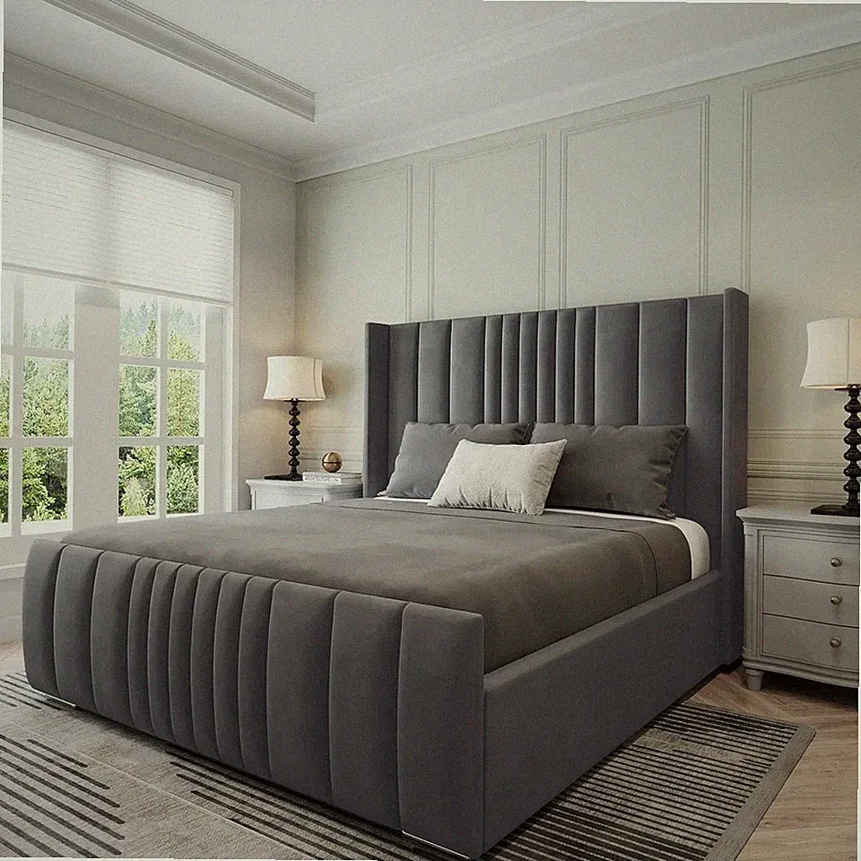 Double Winged Panel Bed Frame Plush Velvet Ottoman Gas Lift Storage&Mattress 6FT