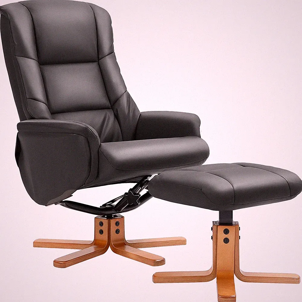 modern black leather upholstered recliner armchair with ottoman