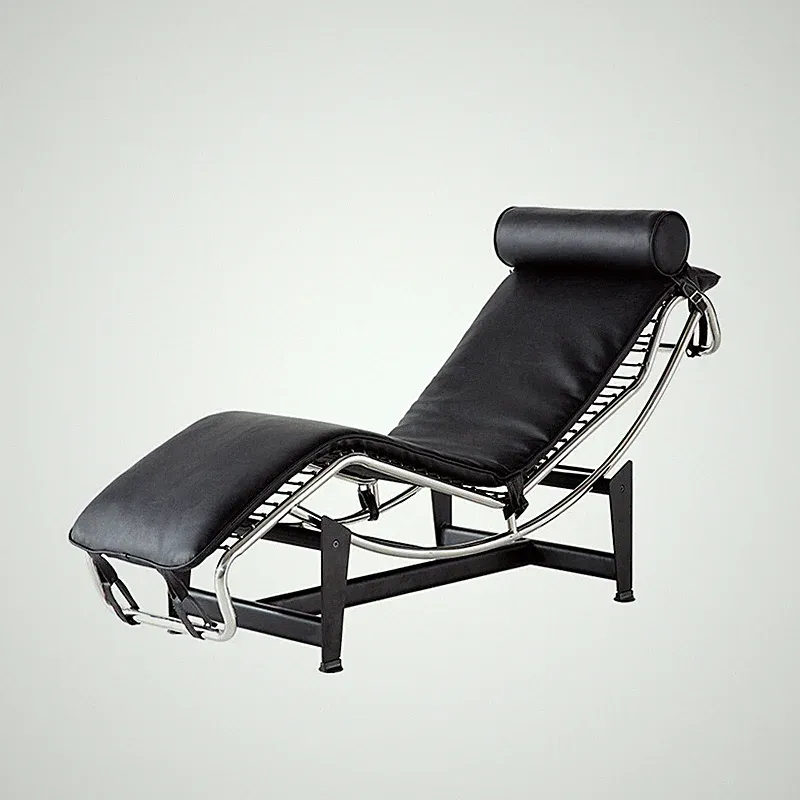 Mid-Century LC-4 Chaise Lounge Chair Black Real Leather Lazy Sofa Recliner Chair