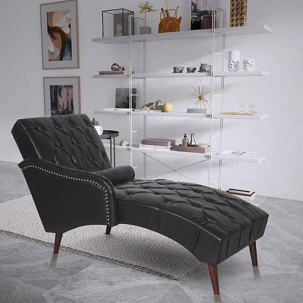 Modern Upholstered Chaise Lounge Chair with Right Armrest Solid Wood Legs Black
