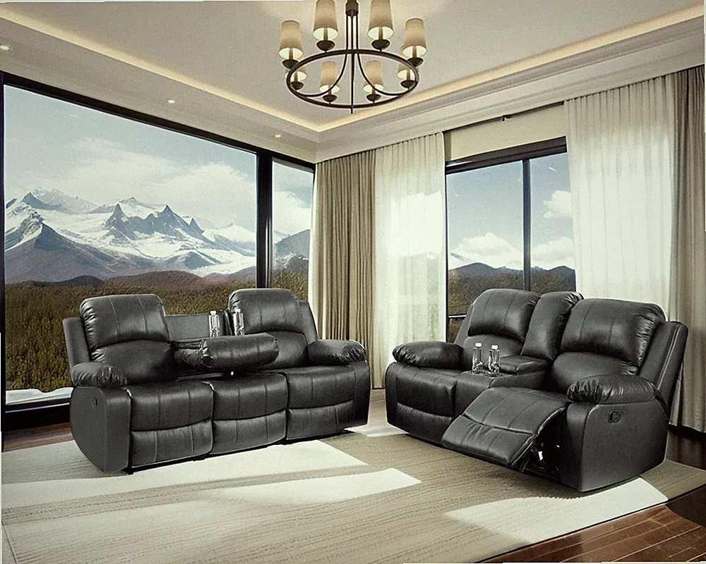 NEW 2PC Sofa Loveseat 4-Recliner Leather Set with 4 Cupholders & Console, Black