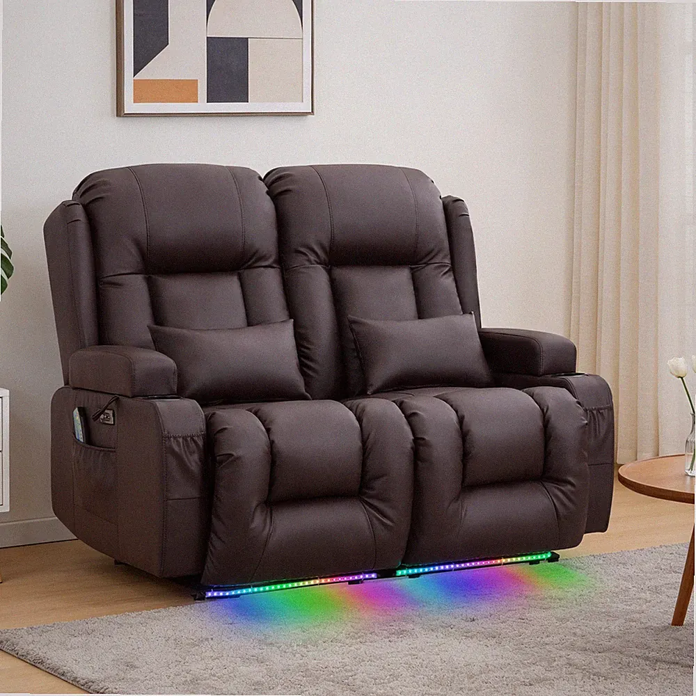 Power Reclining Loveseat Sofa with Heat and Vibration/Ambient Lighting/USB Ports