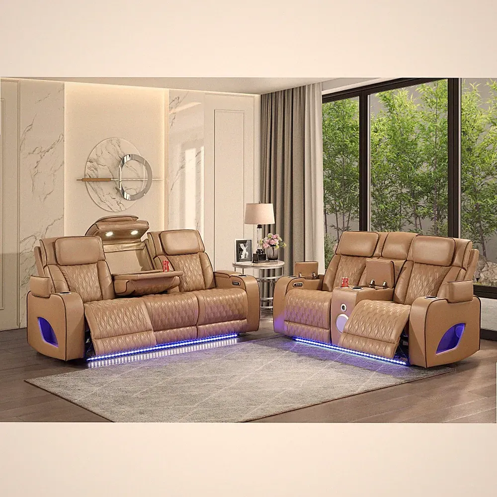 Power Reclining Sofa & Loveseat Set Caramel Faux Leather w/ LED, Massage