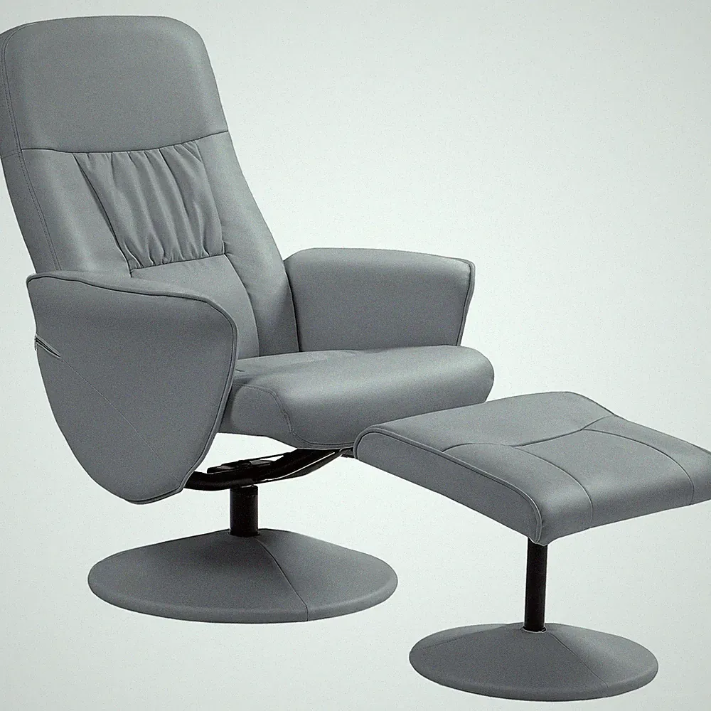 Recliner Armchair & Ottoman Light Grey PU Swivel Reclining High Back 105cm Comfy