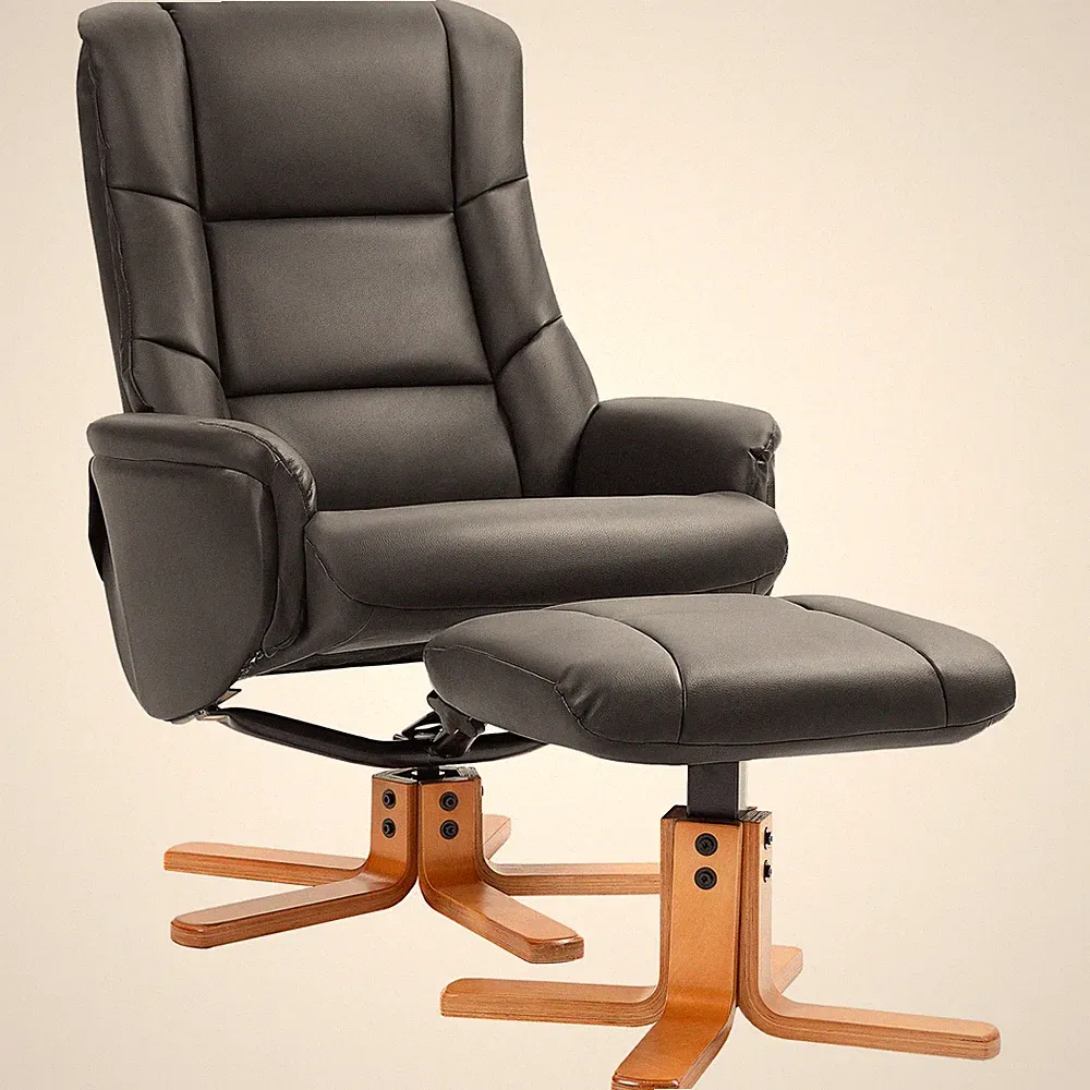 Rocking Recliner Chair With Footstool, PU Leather Recliner Armchair With Wood Ba