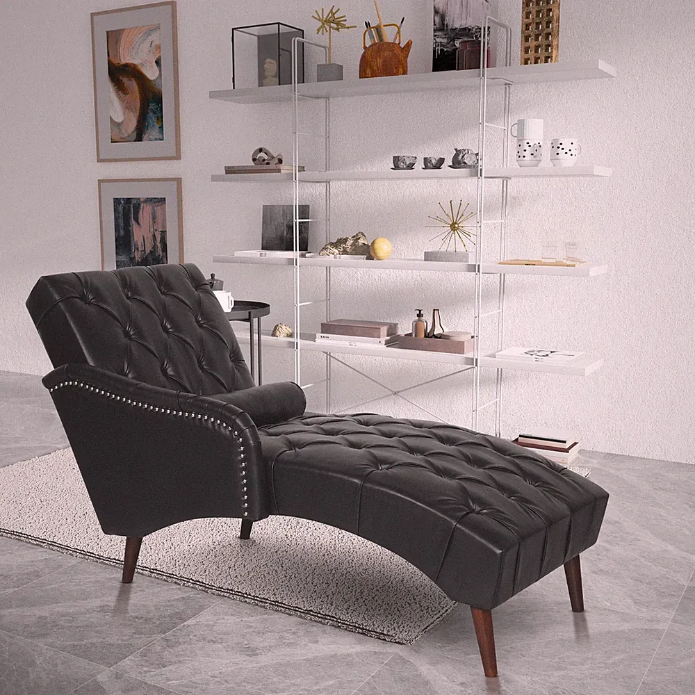 Upholstered Accent Chaise Lounge Chair W Pillow Wooden Legs Right Armrest Black