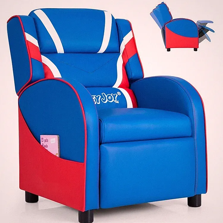 Upholstered Adjustable Backrest Kids Reclining Chair W/2 Side Pockets & Footrest
